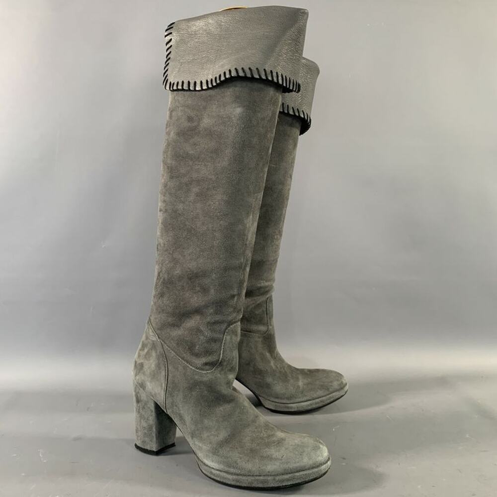MICHELE NEGRI Size 8 Grey Black Leather Suede Contrast Stitch Boots
